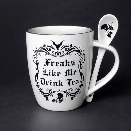 Freaks like me drink tea : Tassen- und Löffel-Set