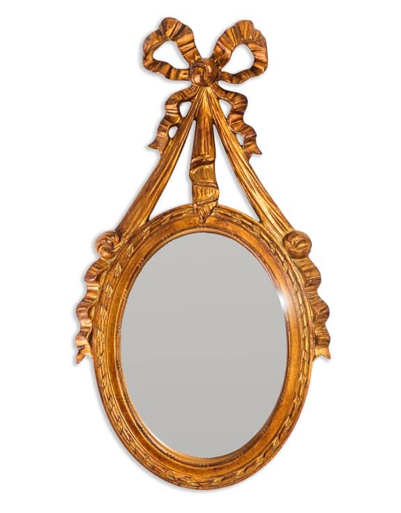 Wandspiegel mit gewölbtem Spiegelglas, Gold, verziert mit Schleifenband