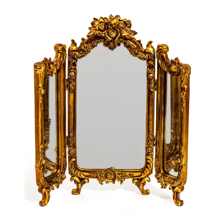 Antiker goldfarbener, reich verzierter Kosmetikspiegel mit Blumenmotiv